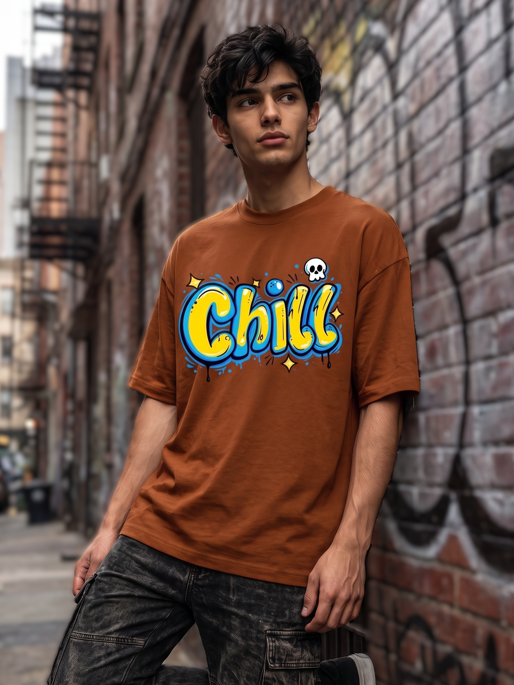 Rust Brown Streetwear Printed Oversized