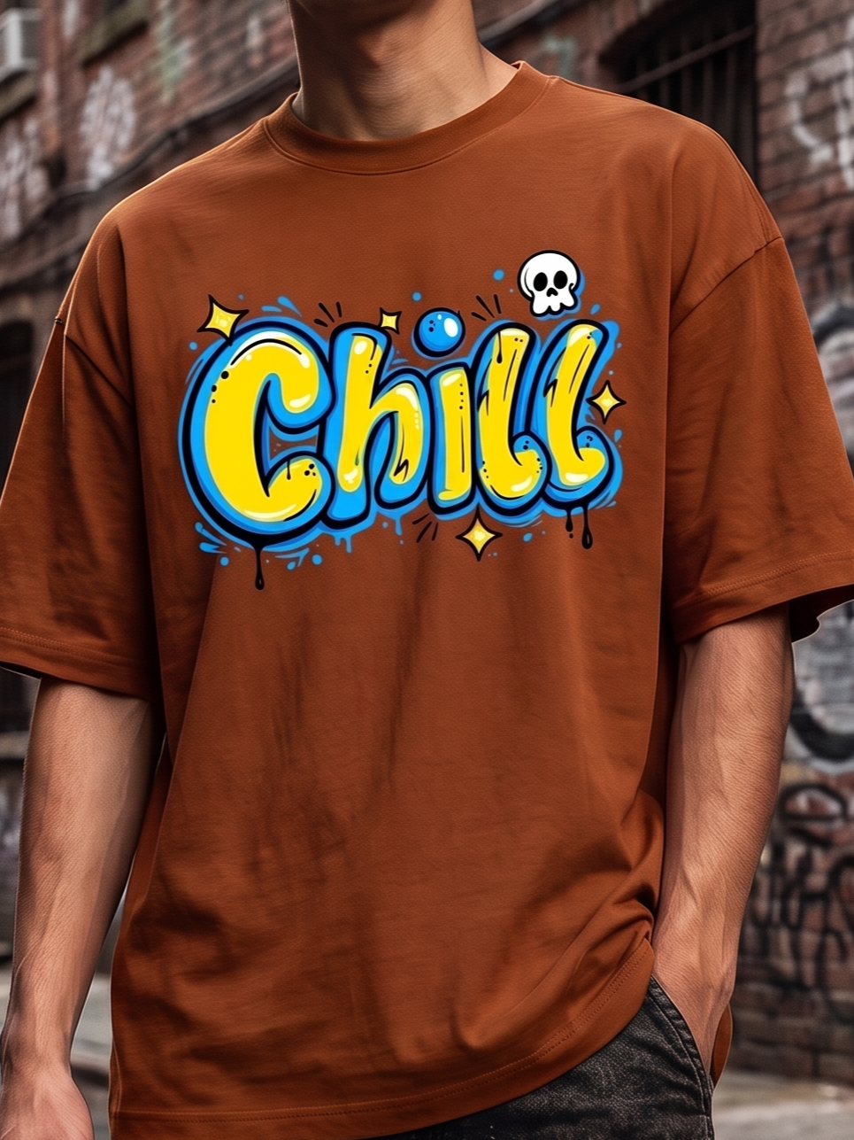 Rust Brown Streetwear Printed Oversized