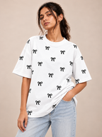 White bow Printed Oversized T-shirt