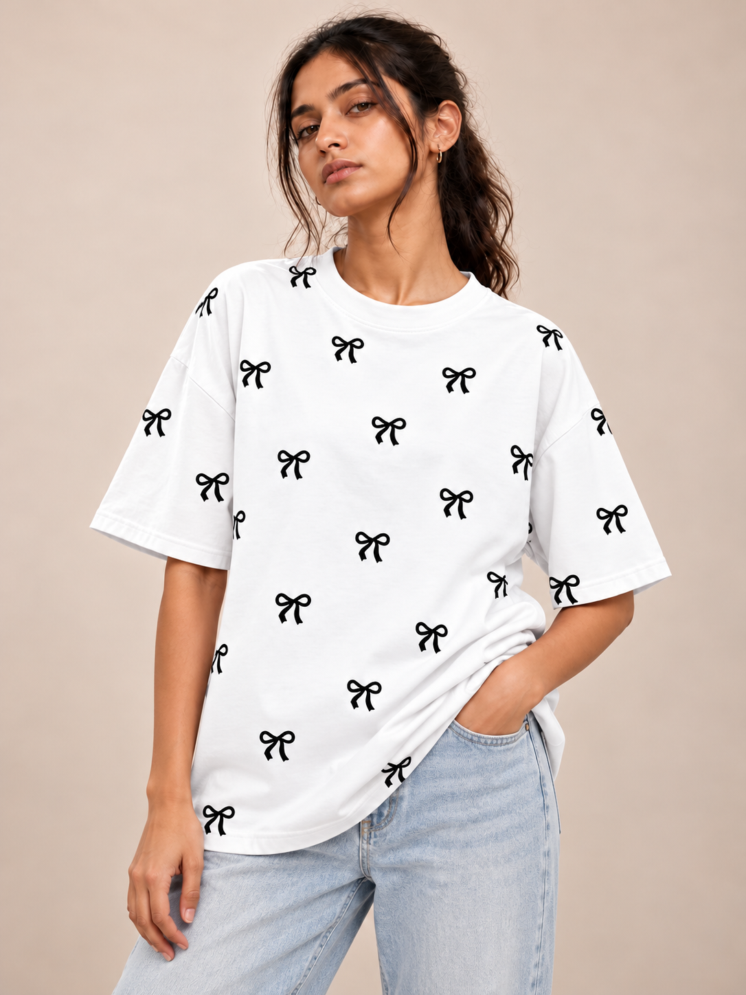 White bow Printed Oversized T-shirt