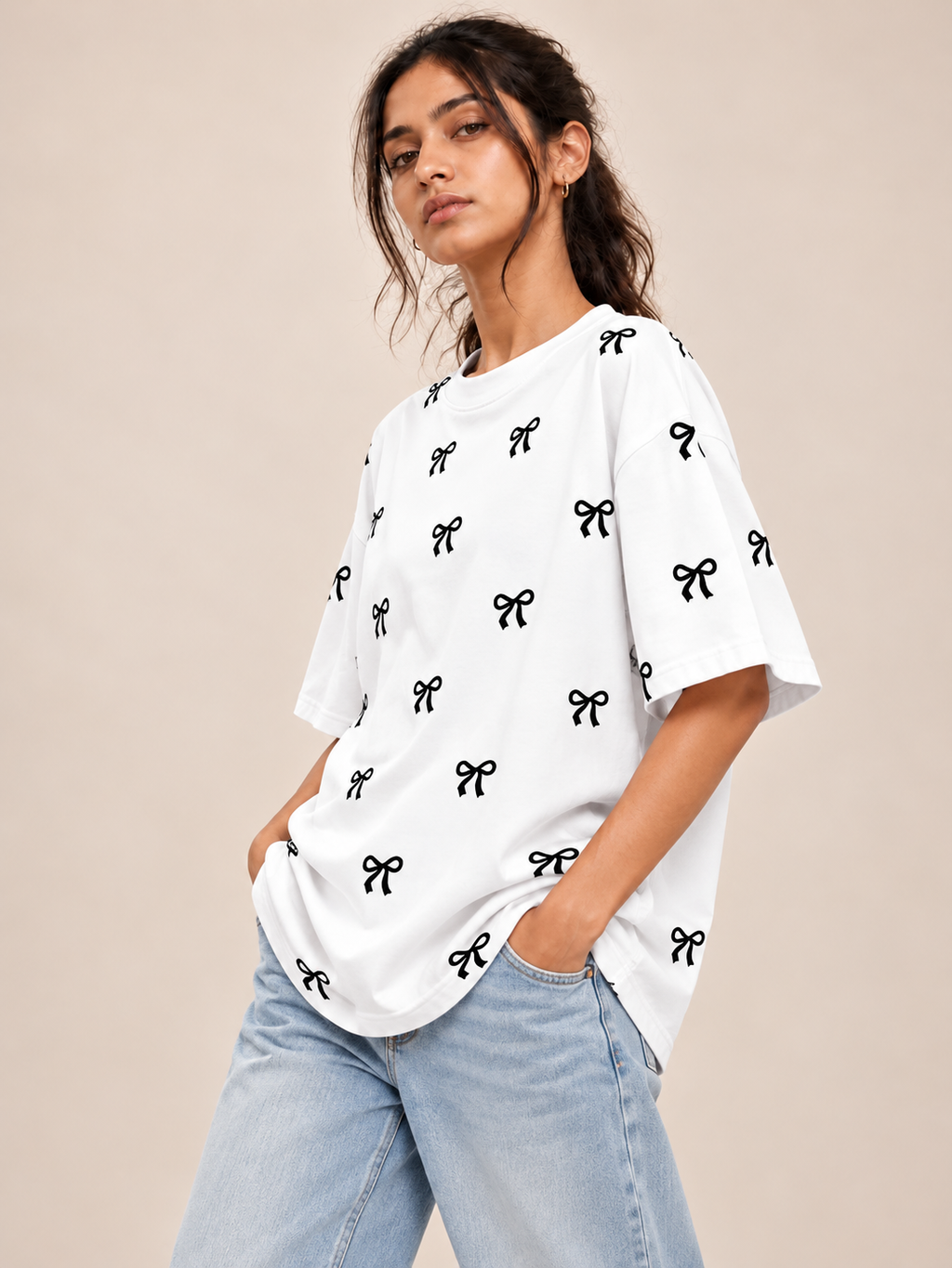 White bow Printed Oversized T-shirt