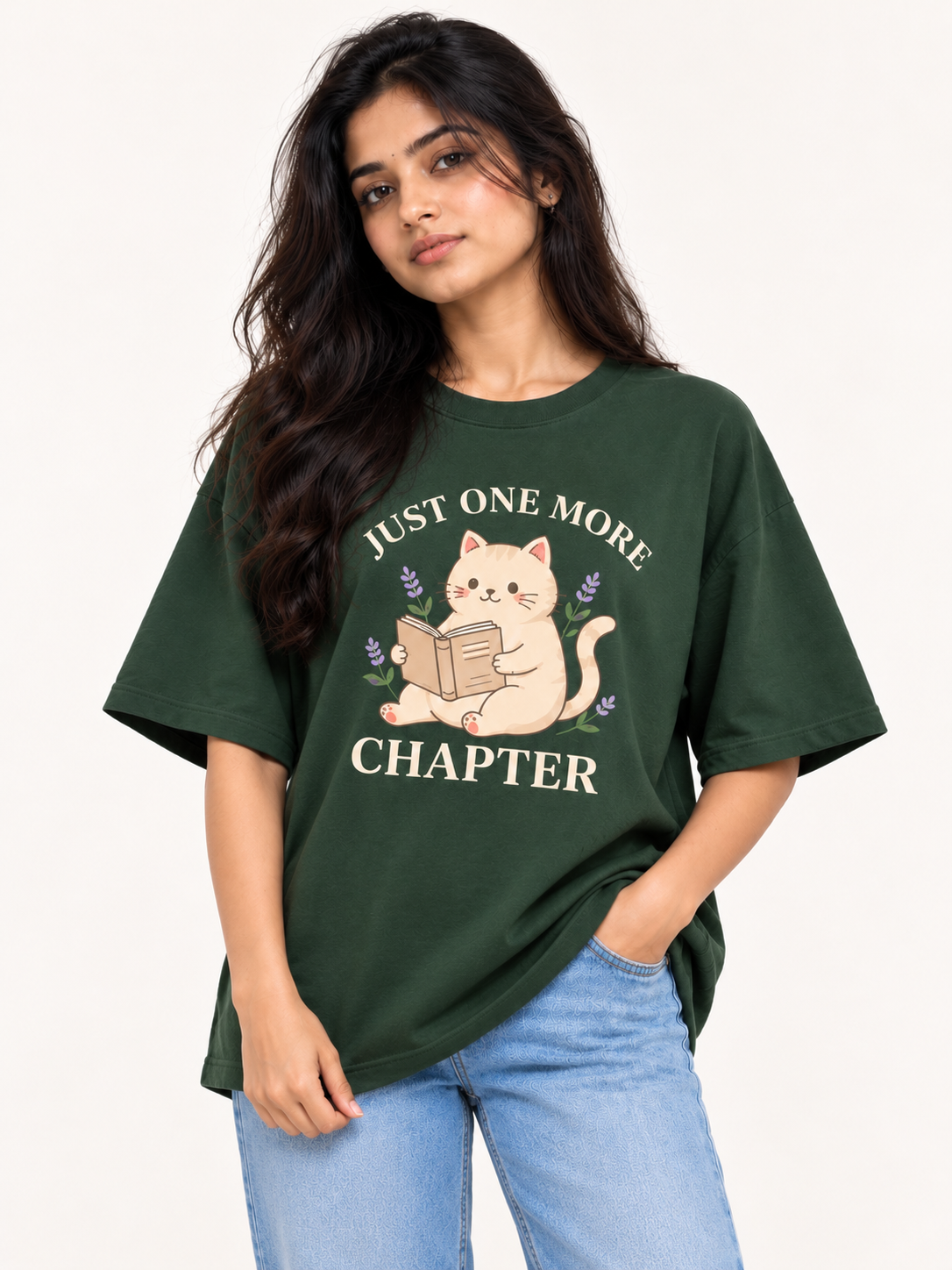 Olive green cat Printed Oversized T-shirt