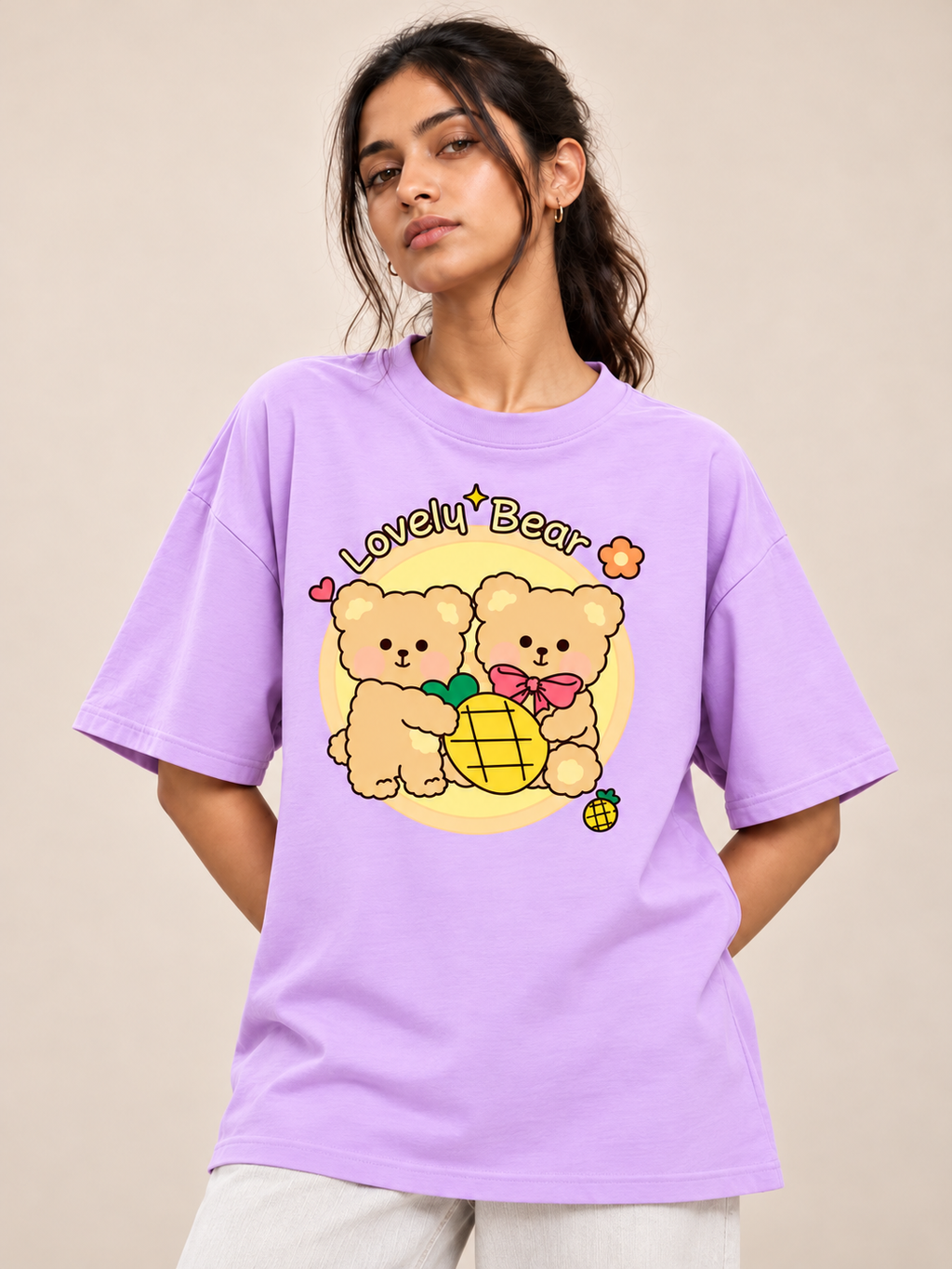 Lilac bear Printed Oversized T-shirt