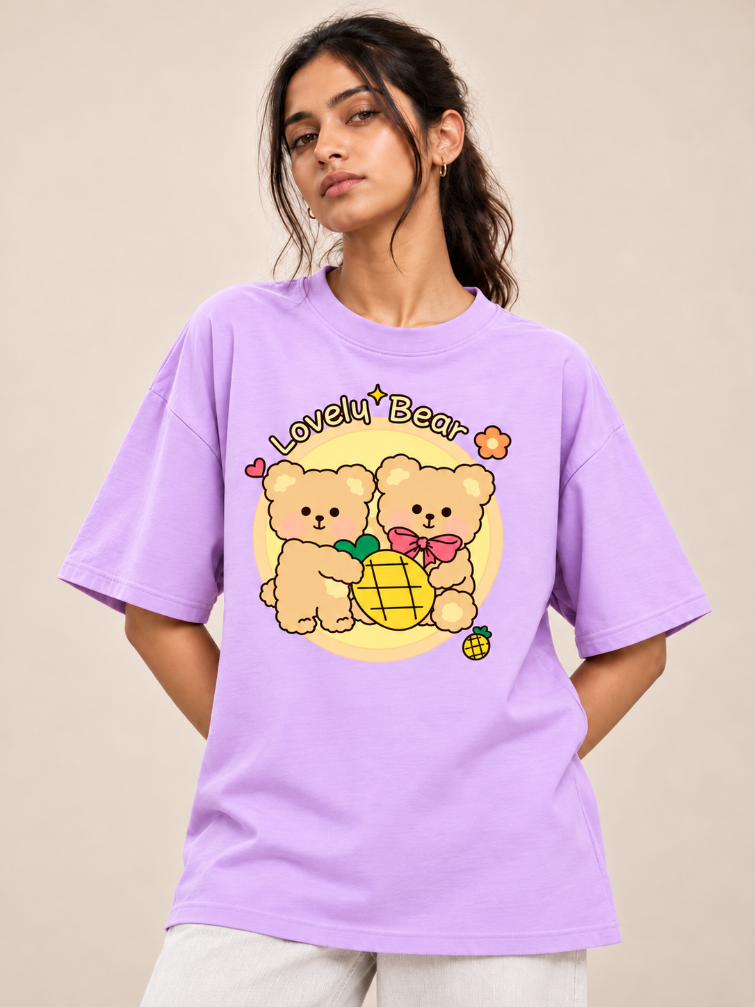 Lilac bear Printed Oversized T-shirt