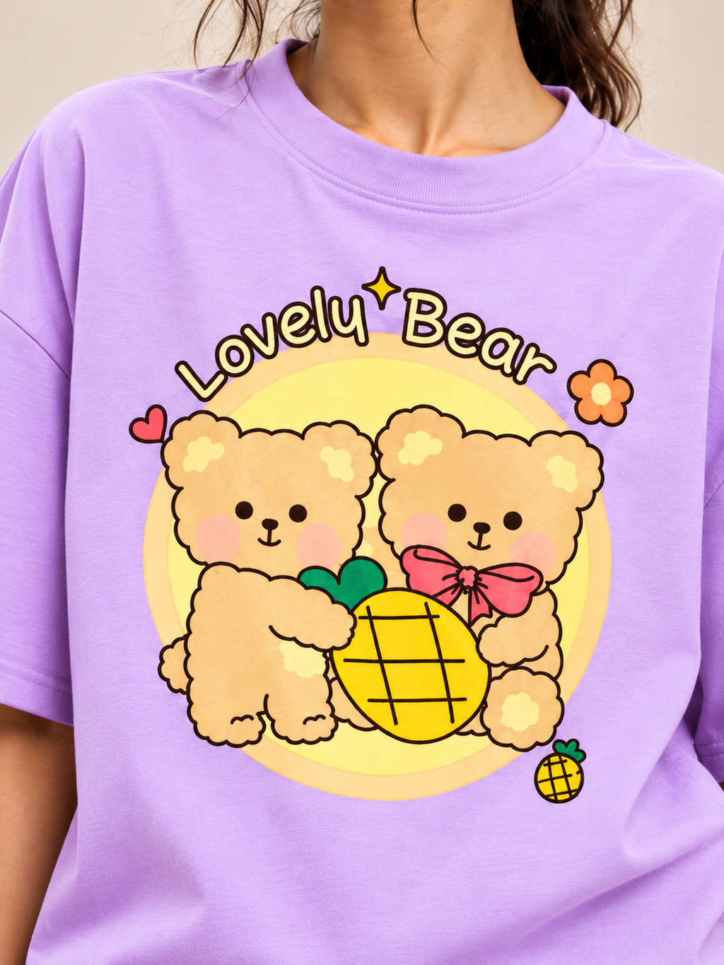 Lilac bear Printed Oversized T-shirt