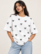 White bow Printed Oversized T-shirt