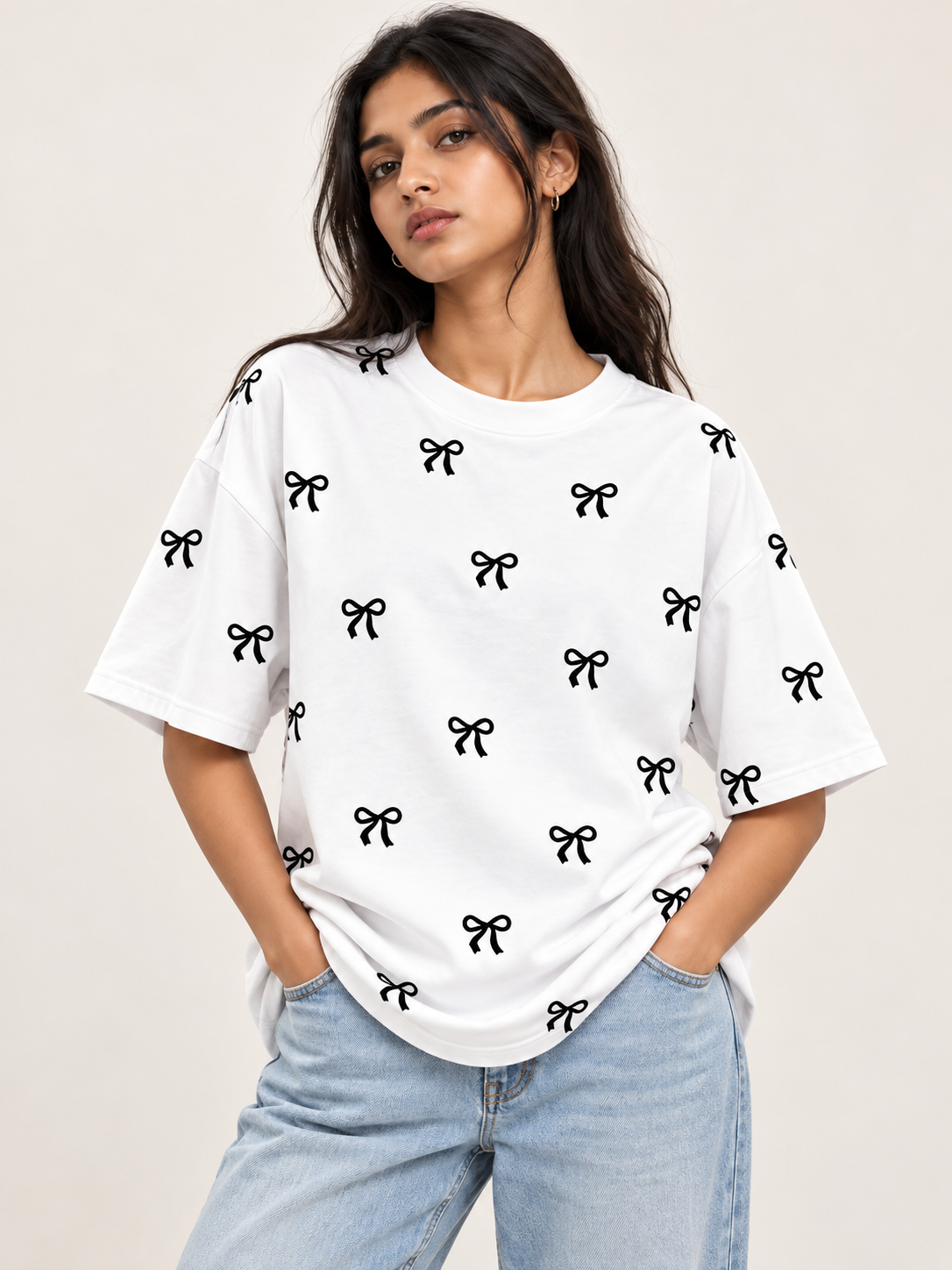 White bow Printed Oversized T-shirt