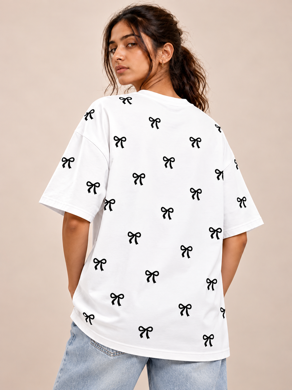 White bow Printed Oversized T-shirt