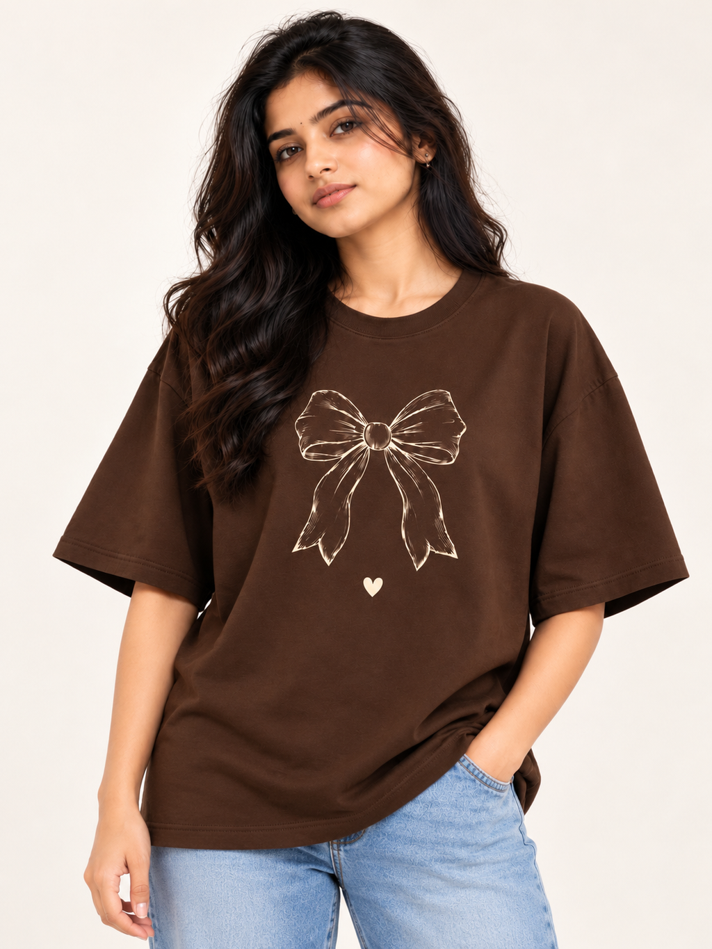 Brown bow Printed Oversized T-shirt