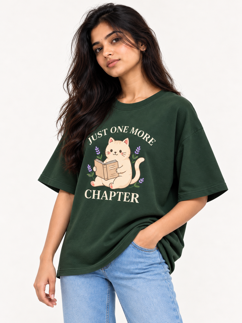 Olive green cat Printed Oversized T-shirt