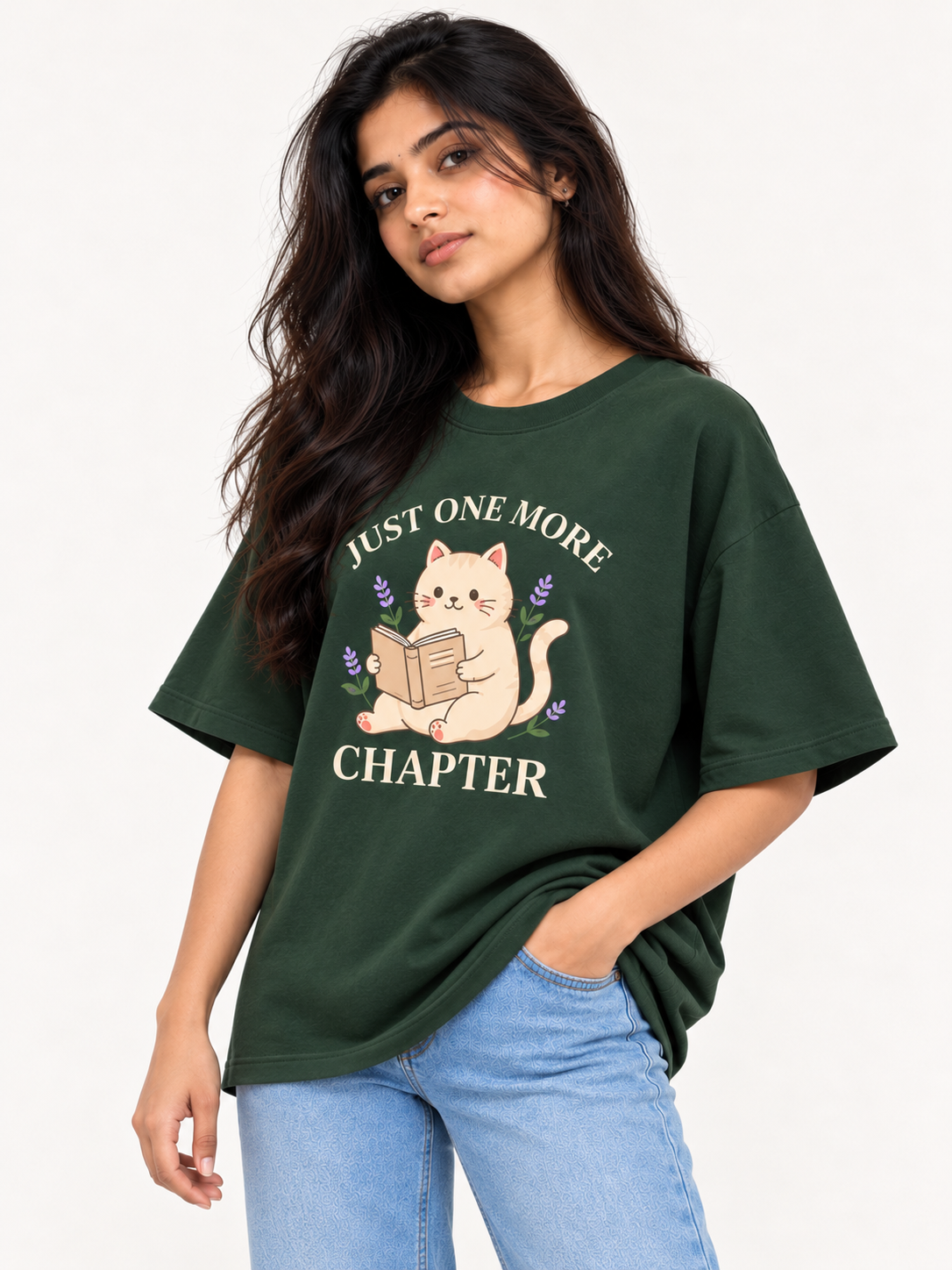 Olive green cat Printed Oversized T-shirt