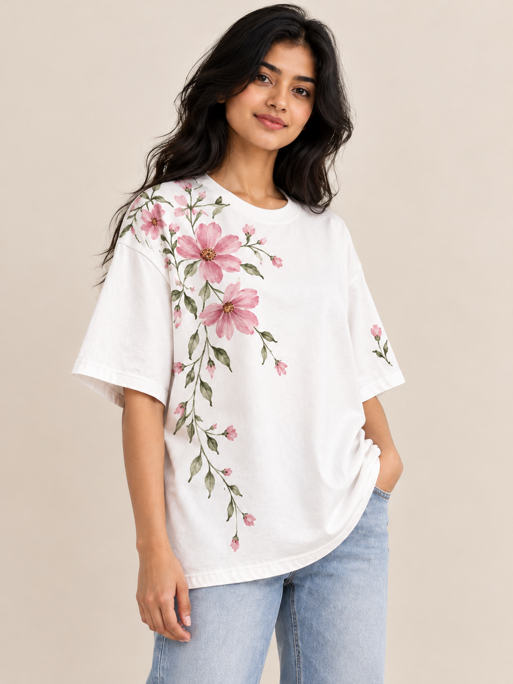 White flower Printed oversized T-shirt