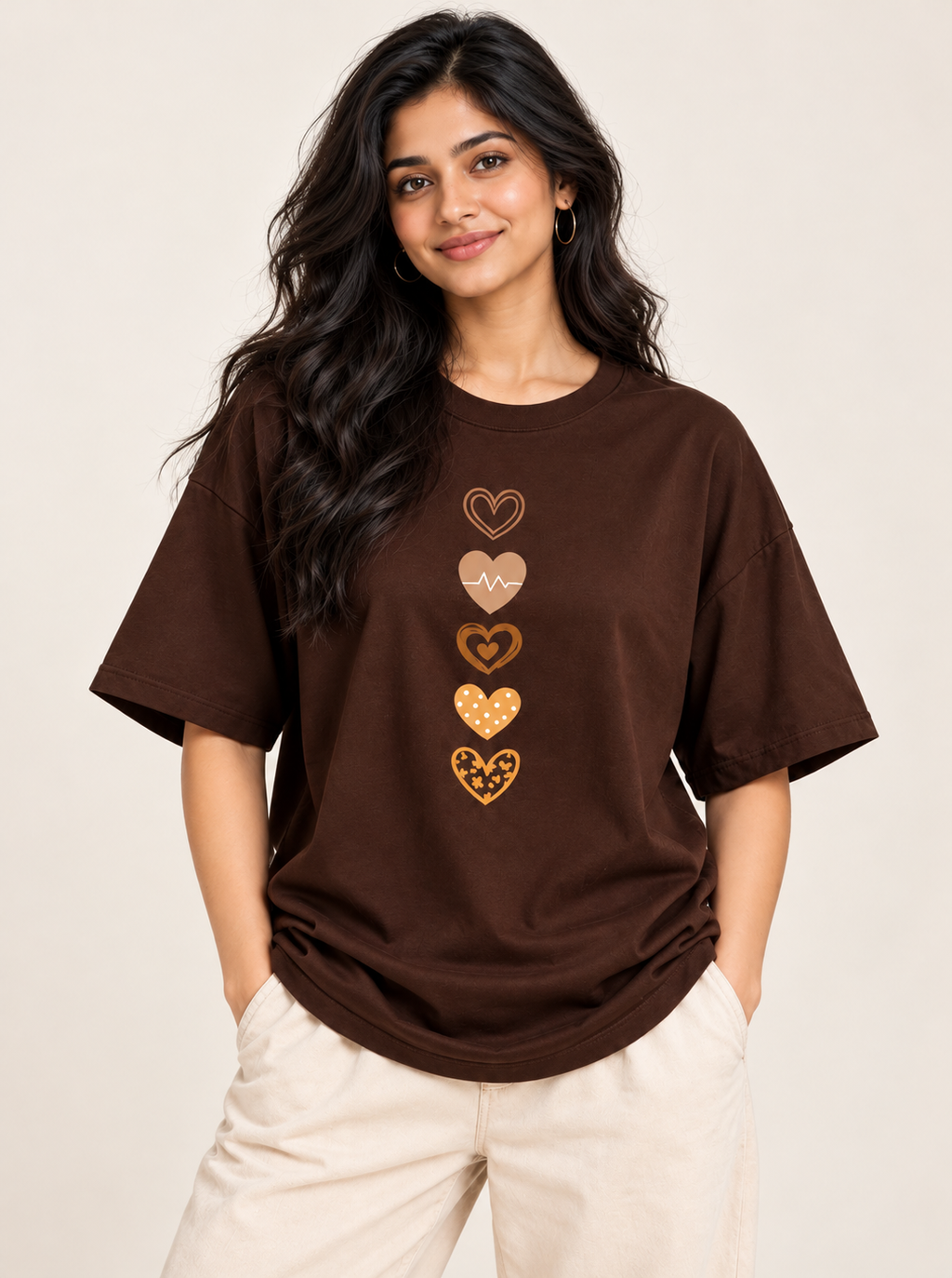 Brown heart printed oversized T-shirt