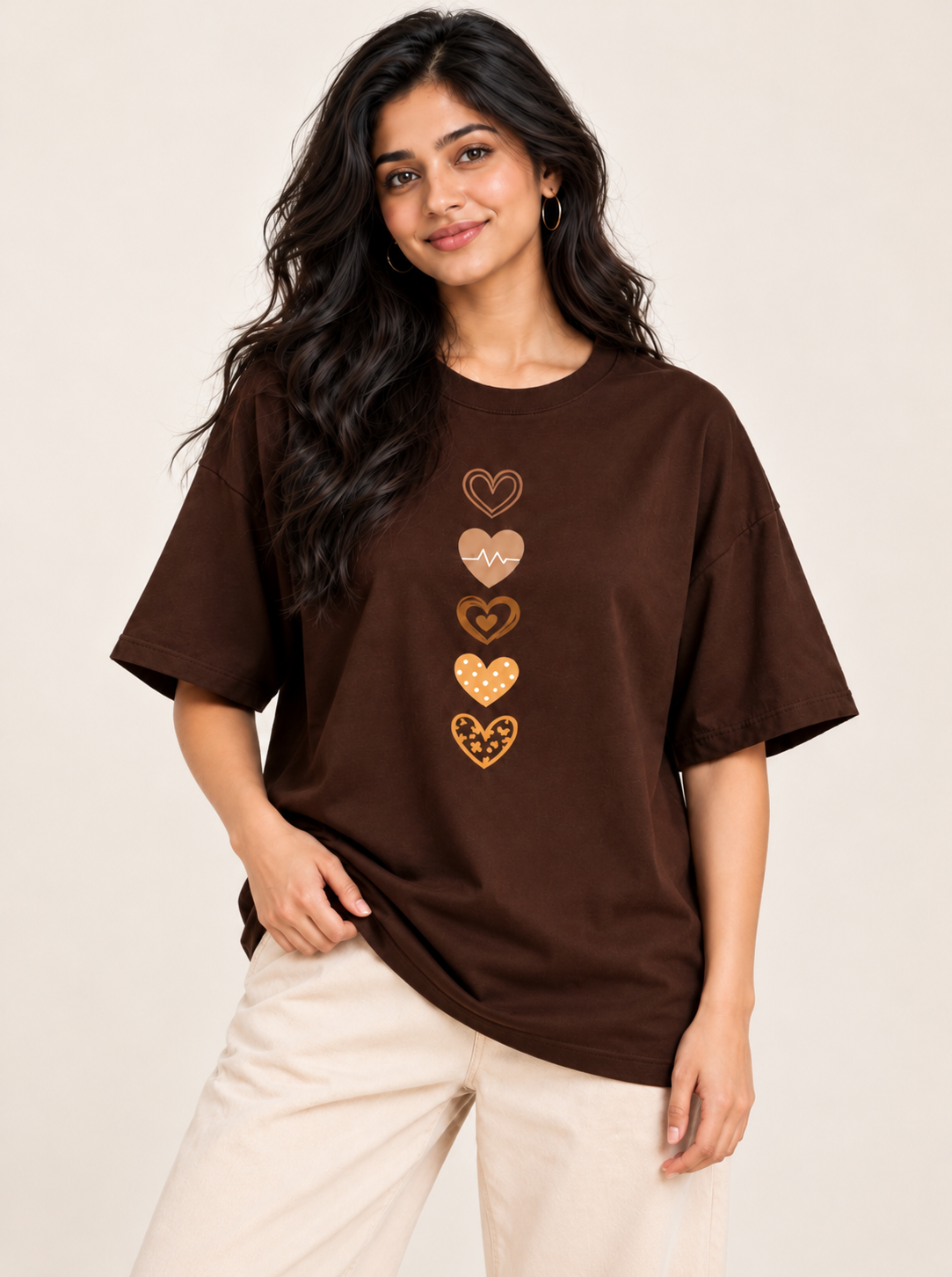 Brown heart printed oversized T-shirt