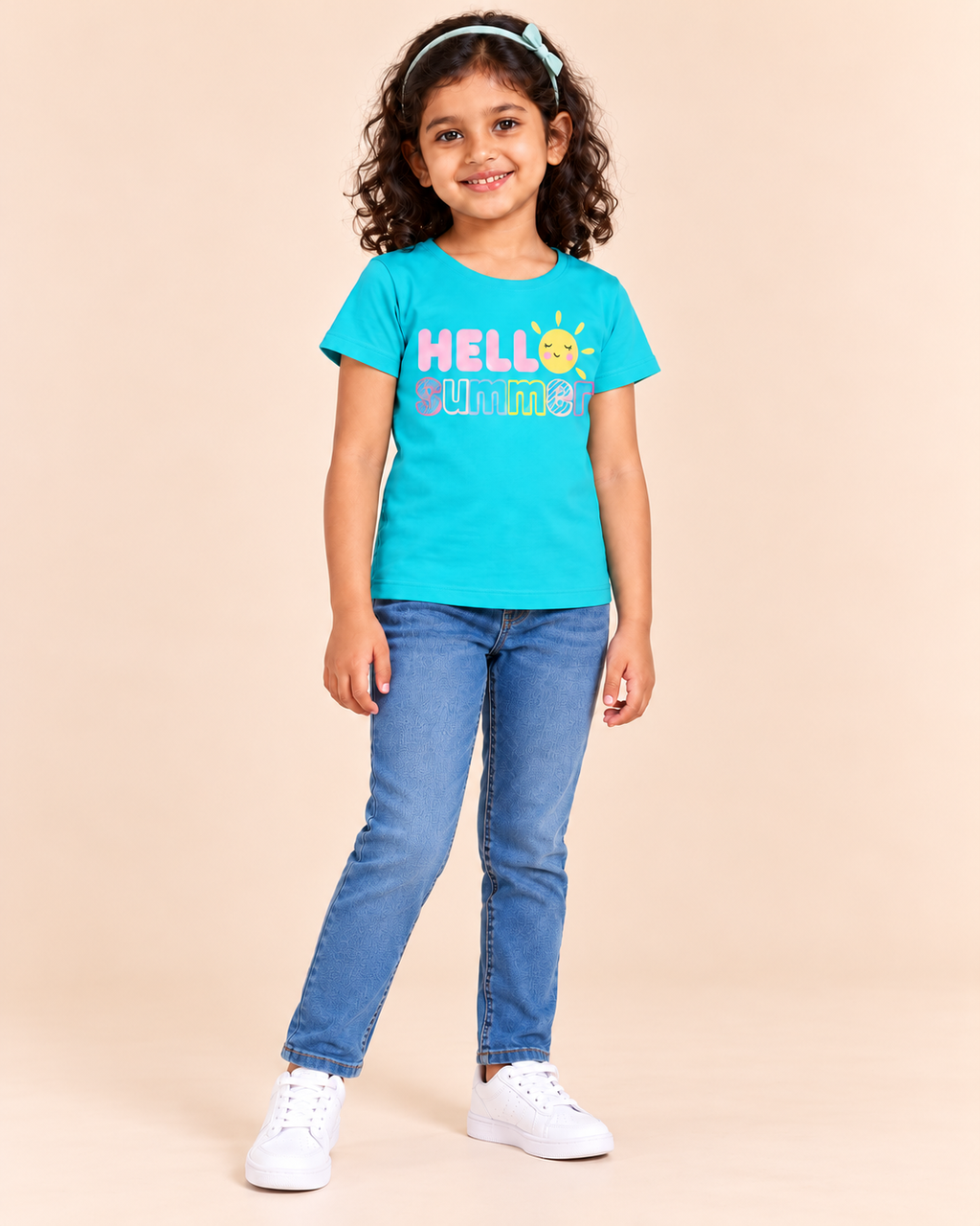 Girls' Aqua Hello Summer Printed Short Sleeve T-Shirt — full-length view