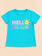 Girls' Aqua Hello Summer Printed Short Sleeve T-Shirt — flat-lay view