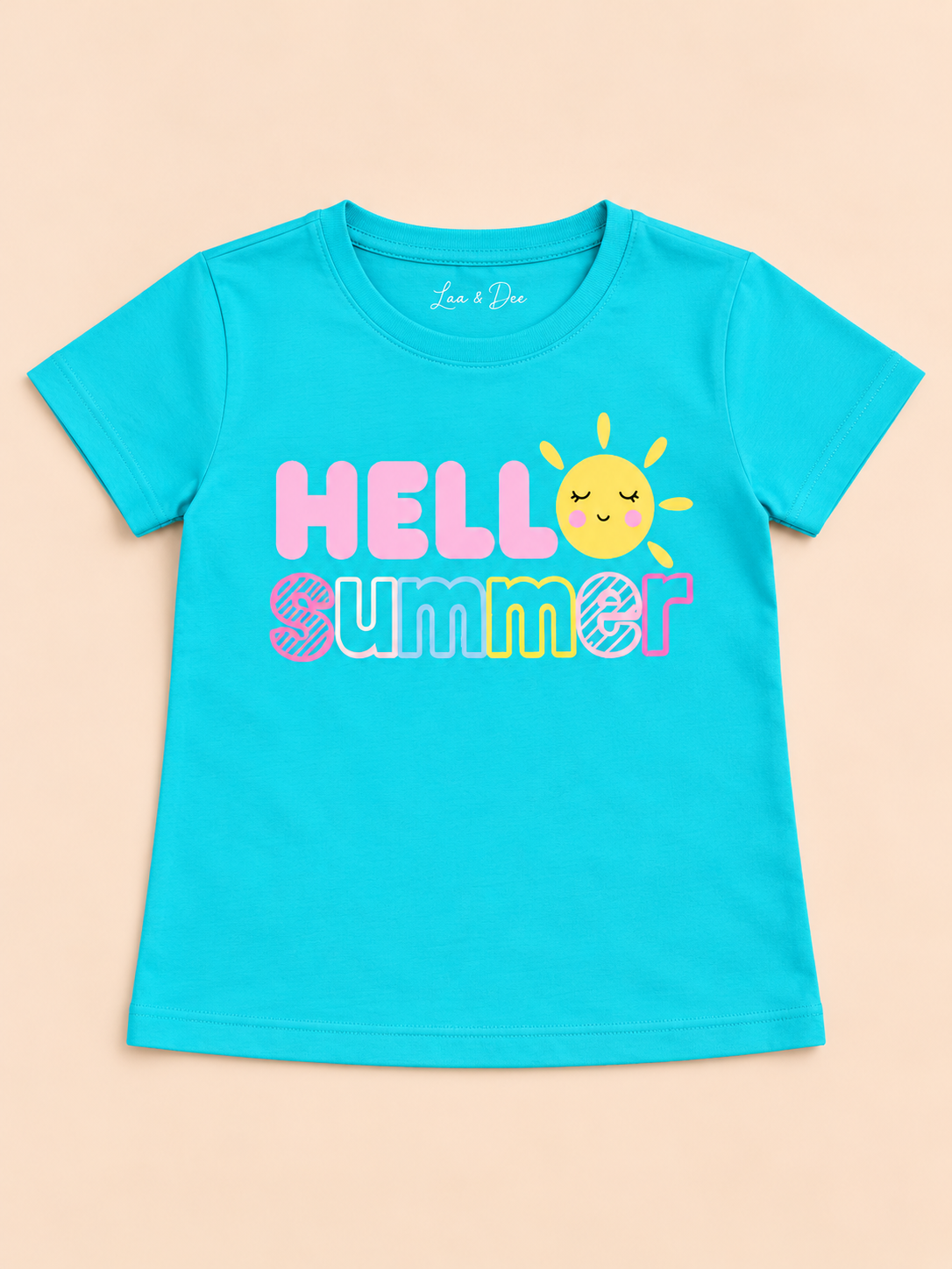 Girls' Aqua Hello Summer Printed Short Sleeve T-Shirt — flat-lay view