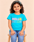 Girls' Aqua Hello Summer Printed Short Sleeve T-Shirt — seated view