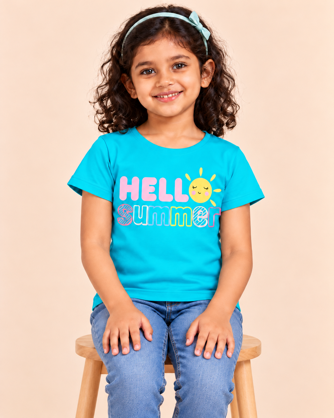 Girls' Aqua Hello Summer Printed Short Sleeve T-Shirt — seated view