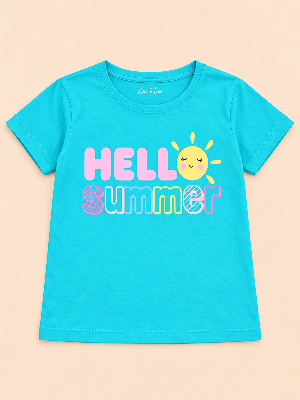 Girls' Aqua Hello Summer Printed Short Sleeve T-Shirt — detail view