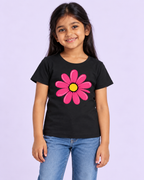 Girls' Black Pink Daisy Printed Short Sleeve T-Shirt — front view