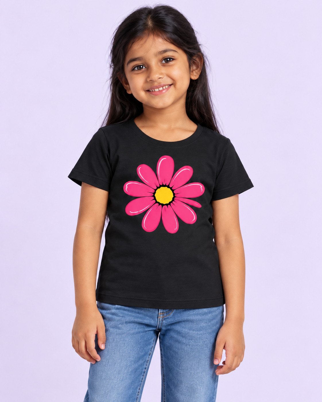 Girls' Black Pink Daisy Printed Short Sleeve T-Shirt — front view