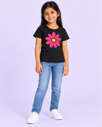 Girls' Black Pink Daisy Printed Short Sleeve T-Shirt — full-length view