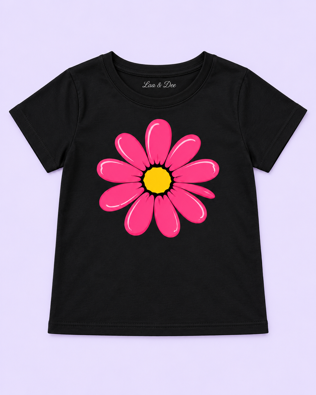 Girls' Black Pink Daisy Printed Short Sleeve T-Shirt — flat-lay view