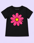 Girls' Black Pink Daisy Printed Short Sleeve T-Shirt — flat-lay view