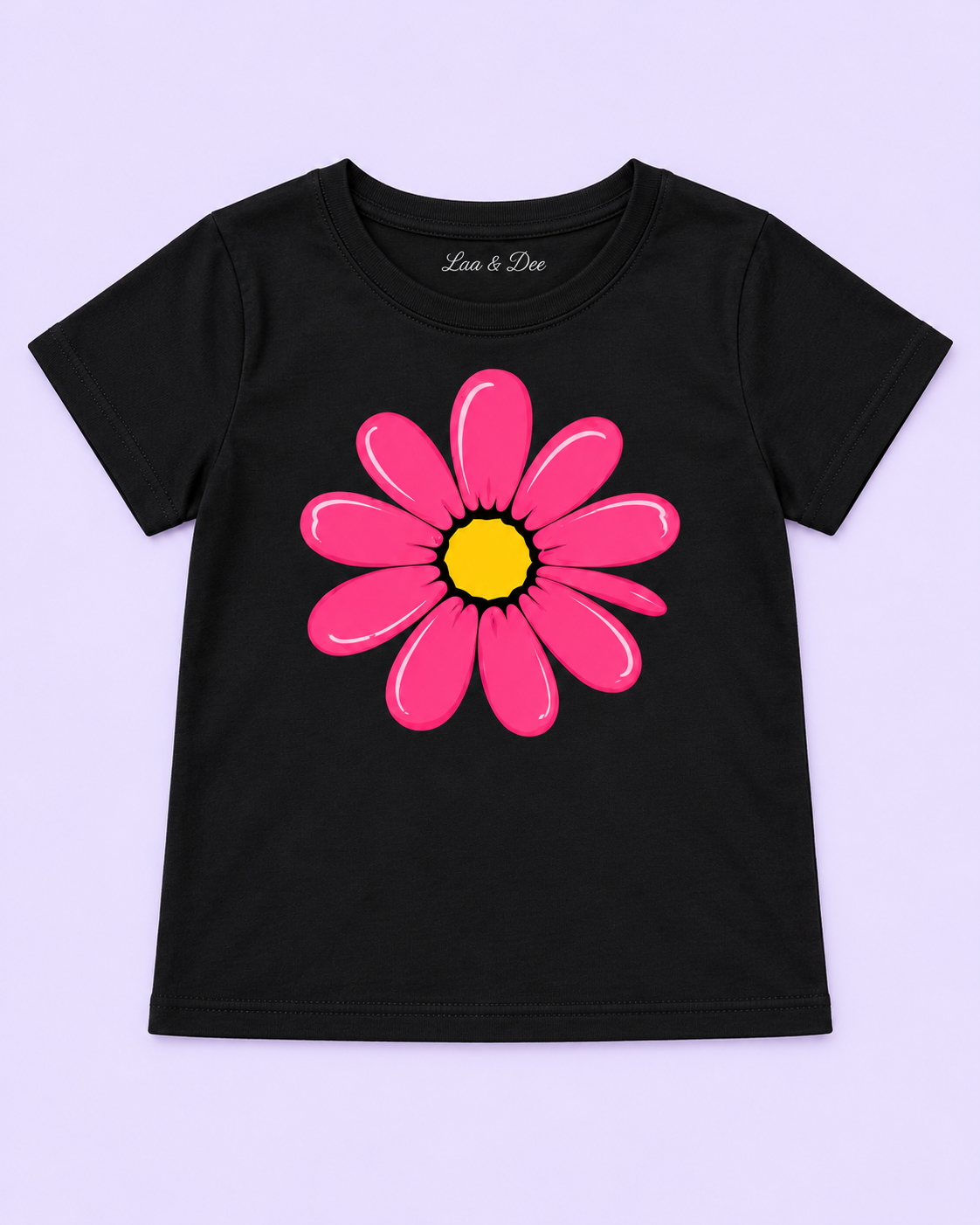 Girls' Black Pink Daisy Printed Short Sleeve T-Shirt — flat-lay view