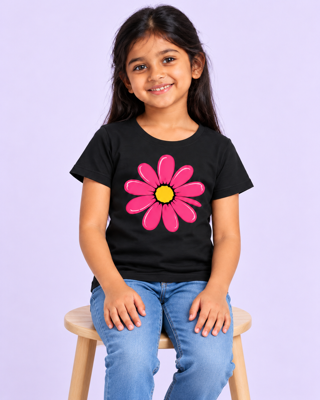 Girls' Black Pink Daisy Printed Short Sleeve T-Shirt — seated view