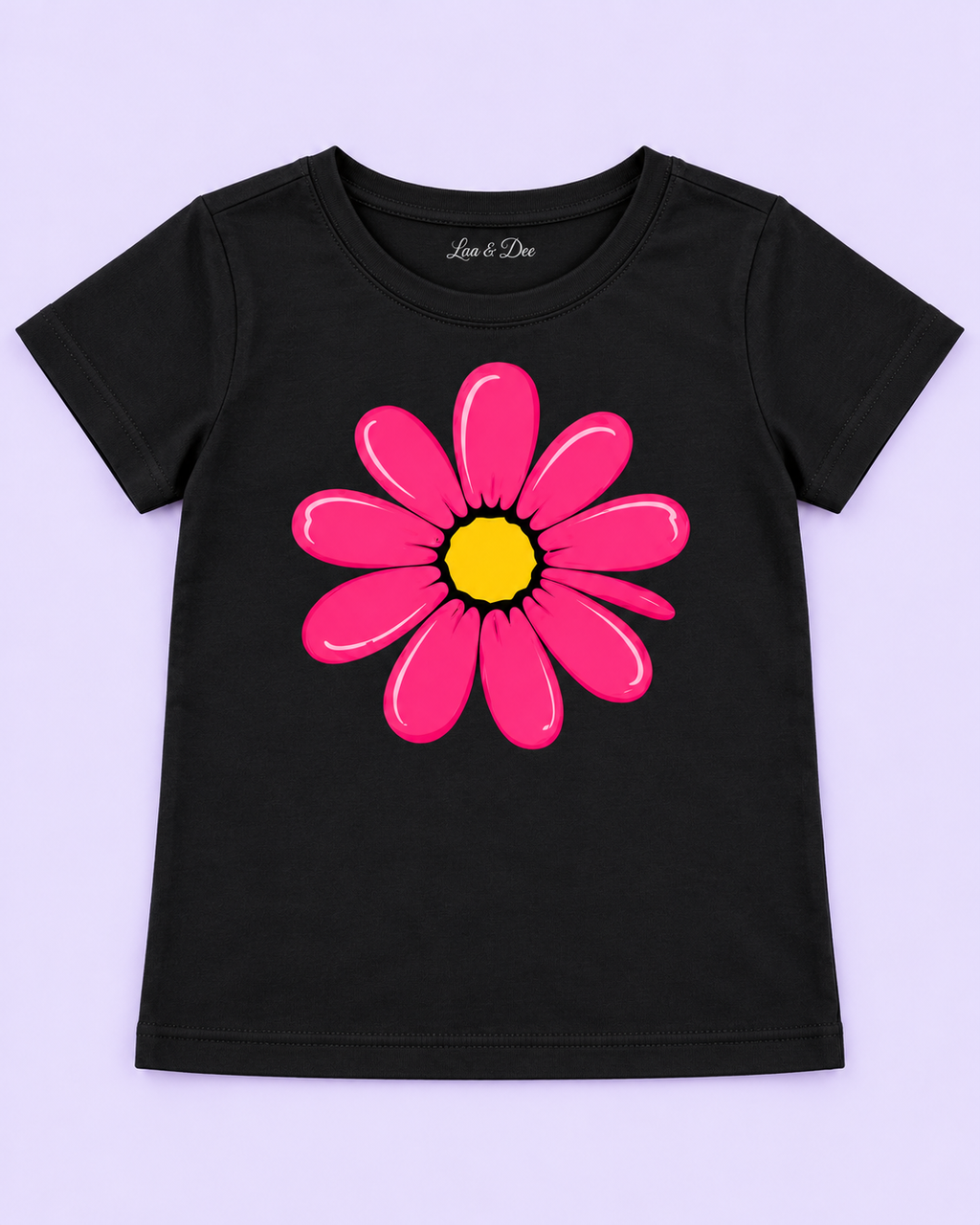 Girls' Black Pink Daisy Printed Short Sleeve T-Shirt — detail view