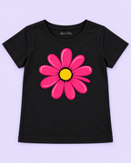 Girls' Black Pink Daisy Printed Short Sleeve T-Shirt — detail view