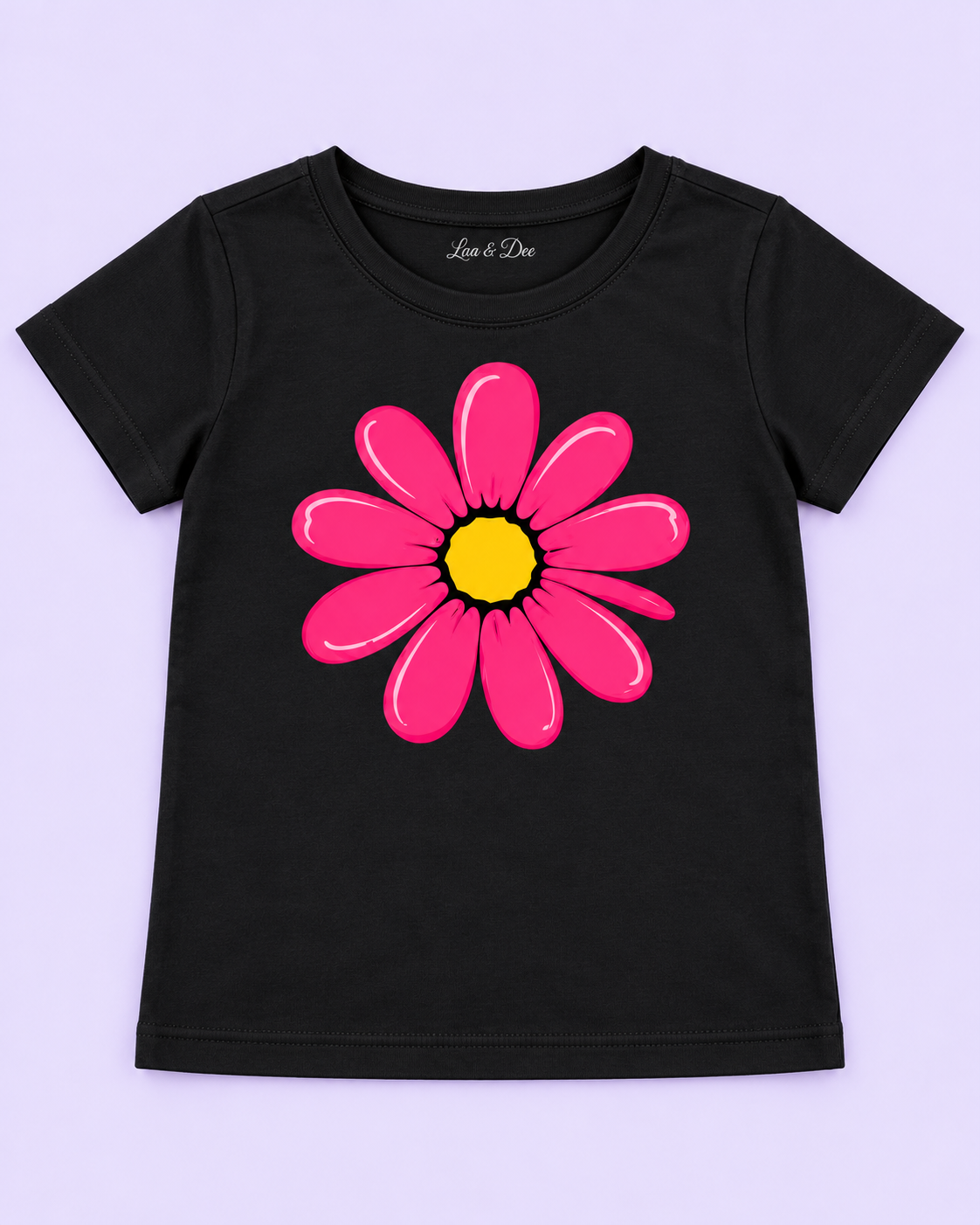 Girls' Black Pink Daisy Printed Short Sleeve T-Shirt — detail view