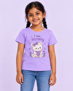 Girls' Lavender I Love Mommy Bear Printed Short Sleeve T-Shirt — front view