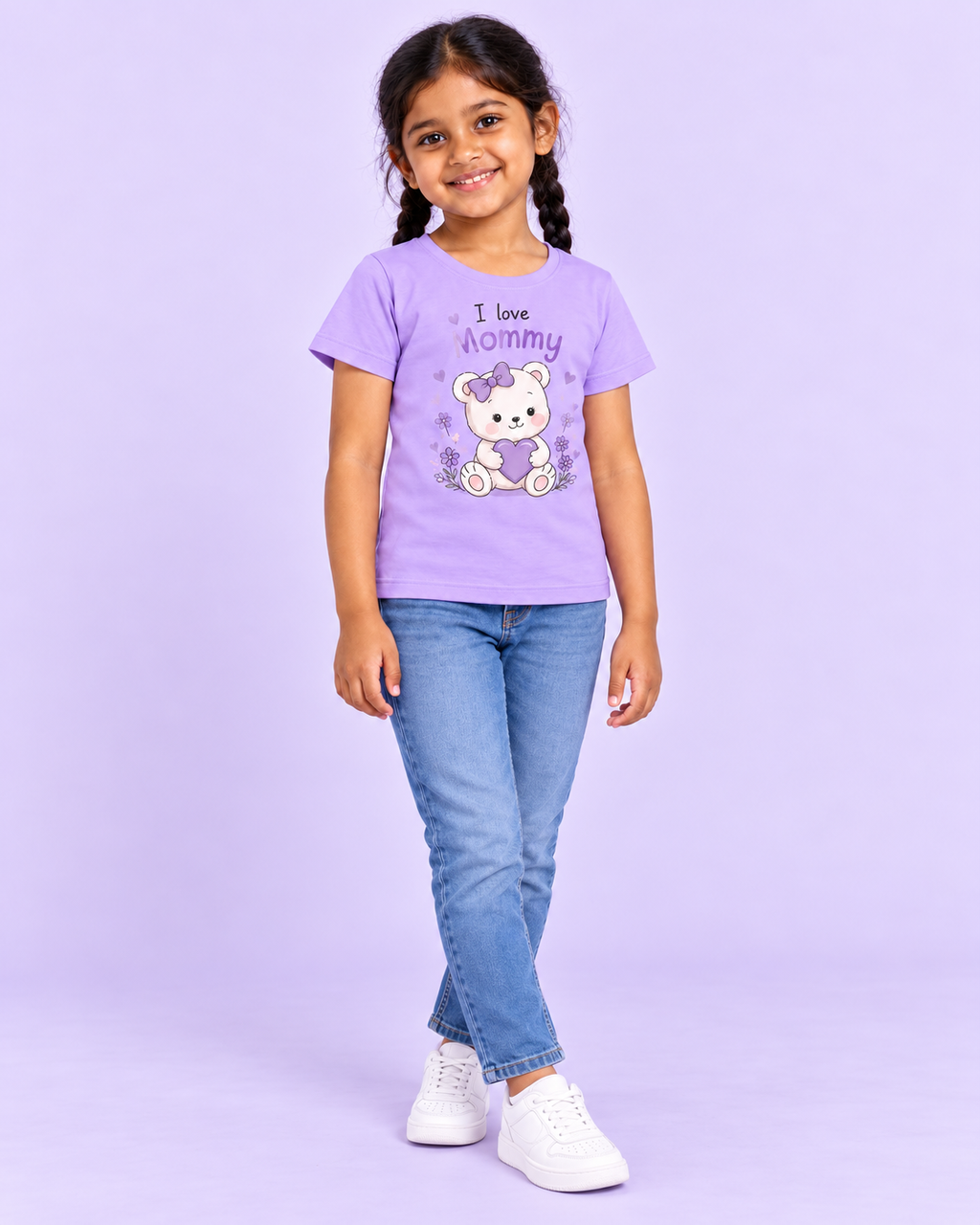 Girls' Lavender I Love Mommy Bear Printed Short Sleeve T-Shirt — full-length view