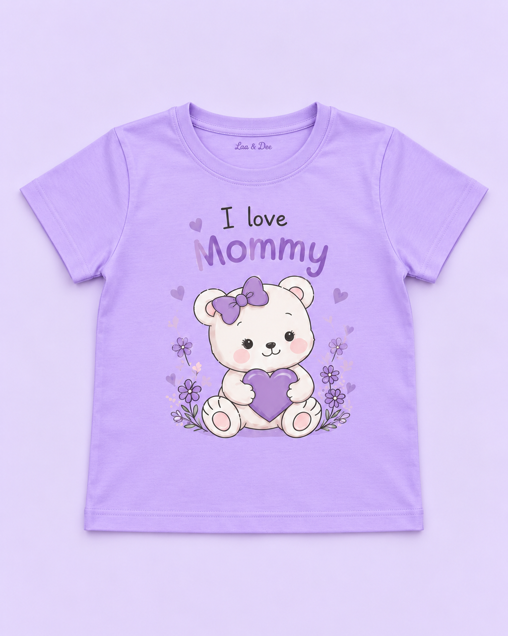 Girls' Lavender I Love Mommy Bear Printed Short Sleeve T-Shirt — flat-lay view