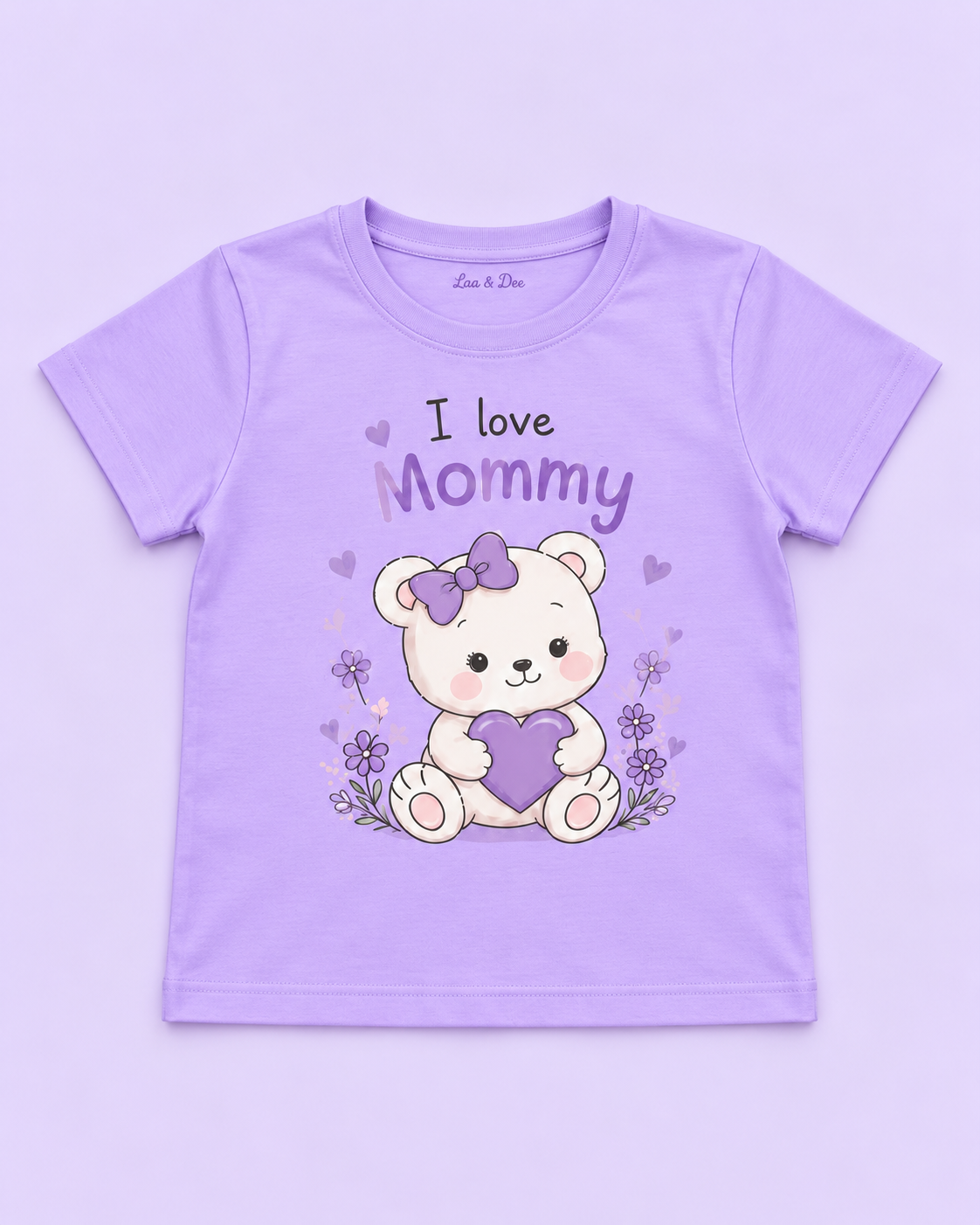 Girls' Lavender I Love Mommy Bear Printed Short Sleeve T-Shirt — flat-lay view