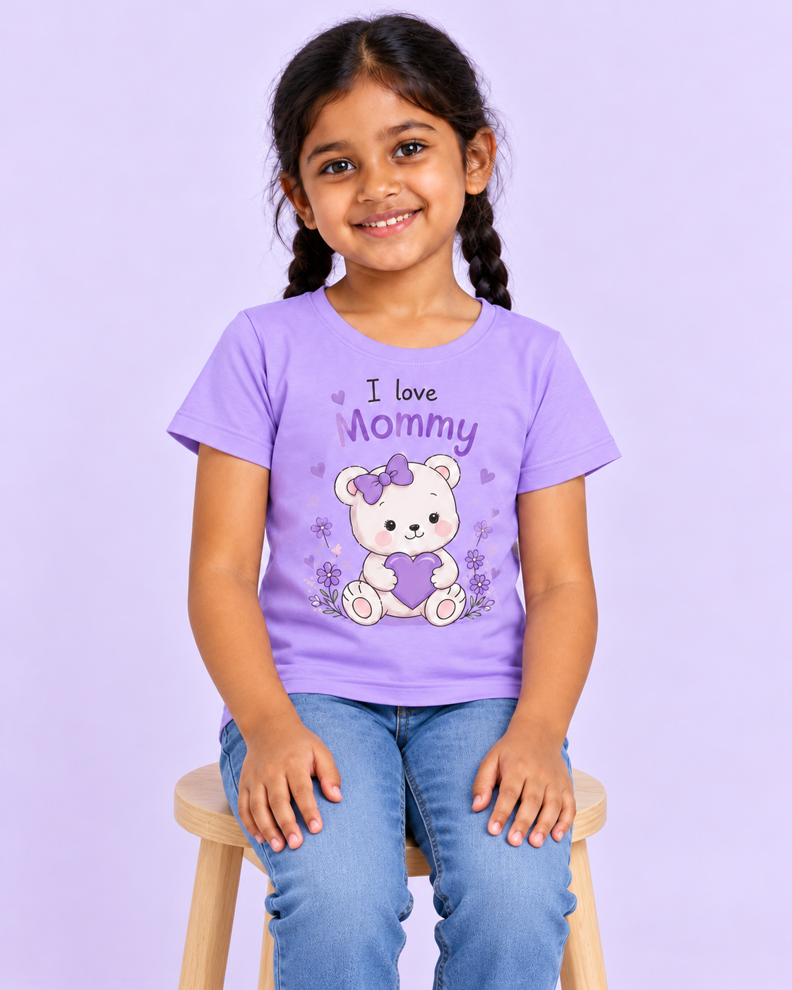 Girls' Lavender I Love Mommy Bear Printed Short Sleeve T-Shirt — seated view