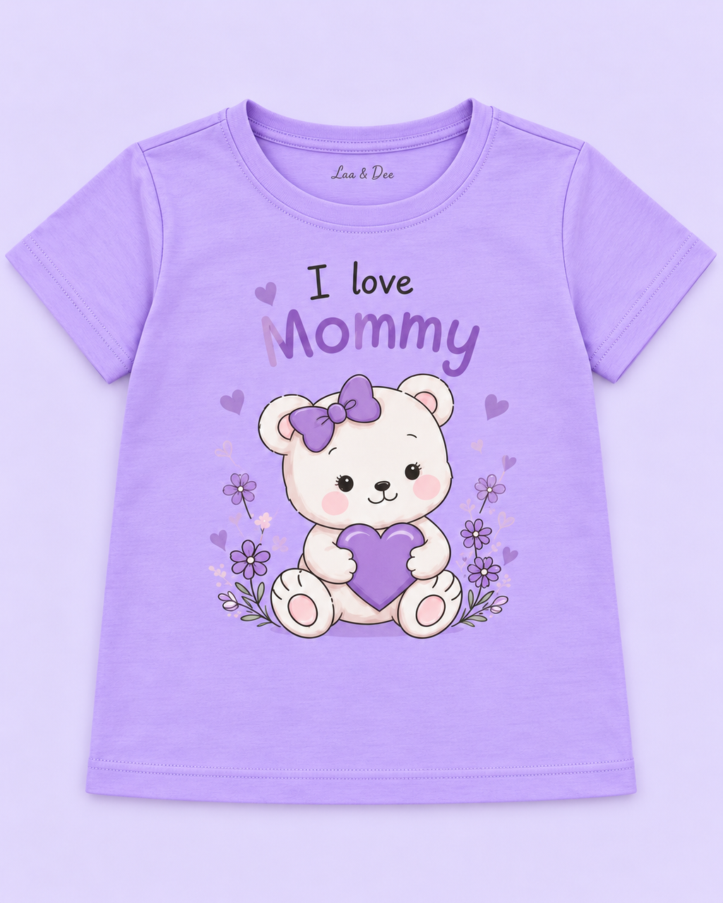 Girls' Lavender I Love Mommy Bear Printed Short Sleeve T-Shirt — detail view