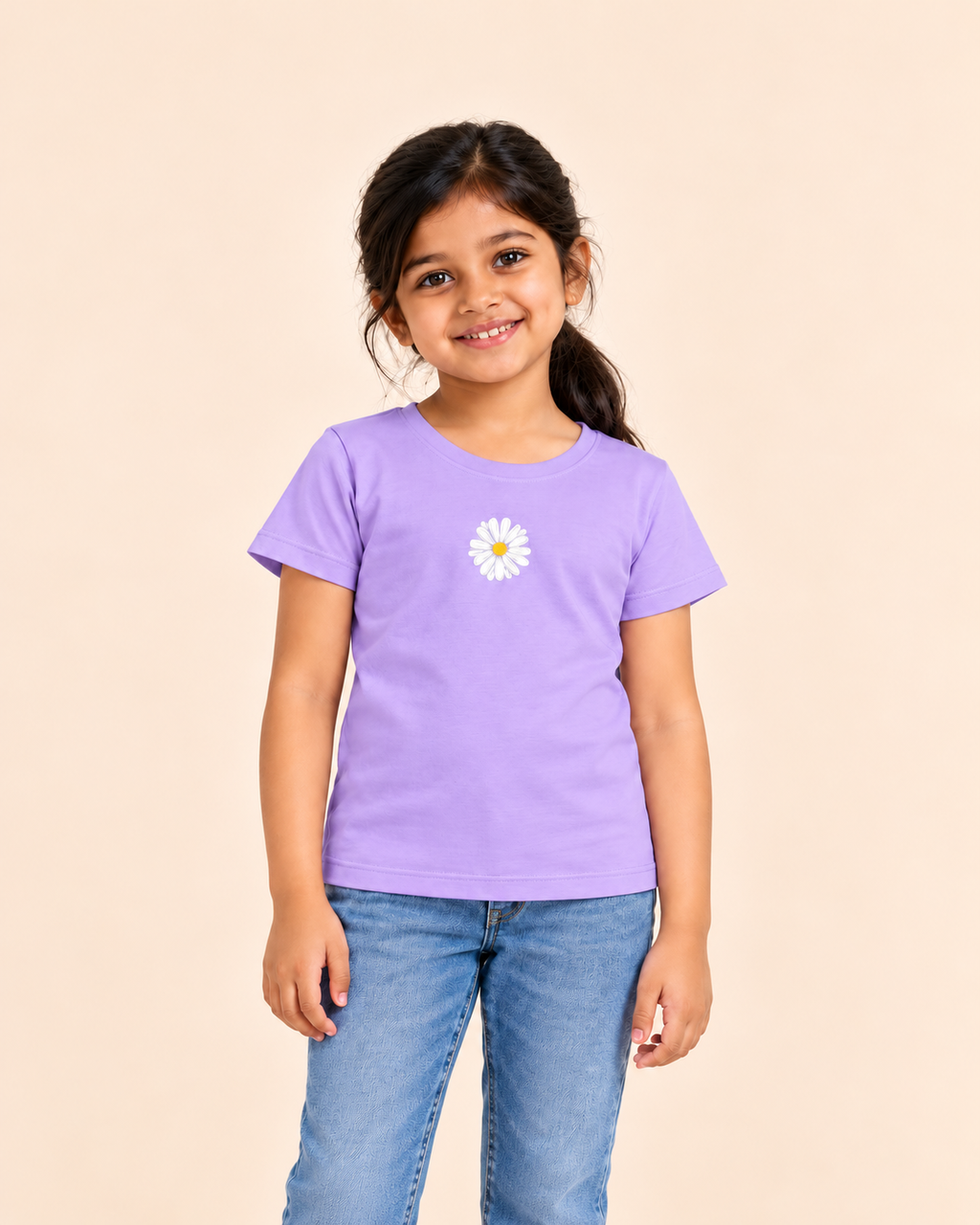 Girls' Lavender Mini Daisy Printed Short Sleeve T-Shirt — front view