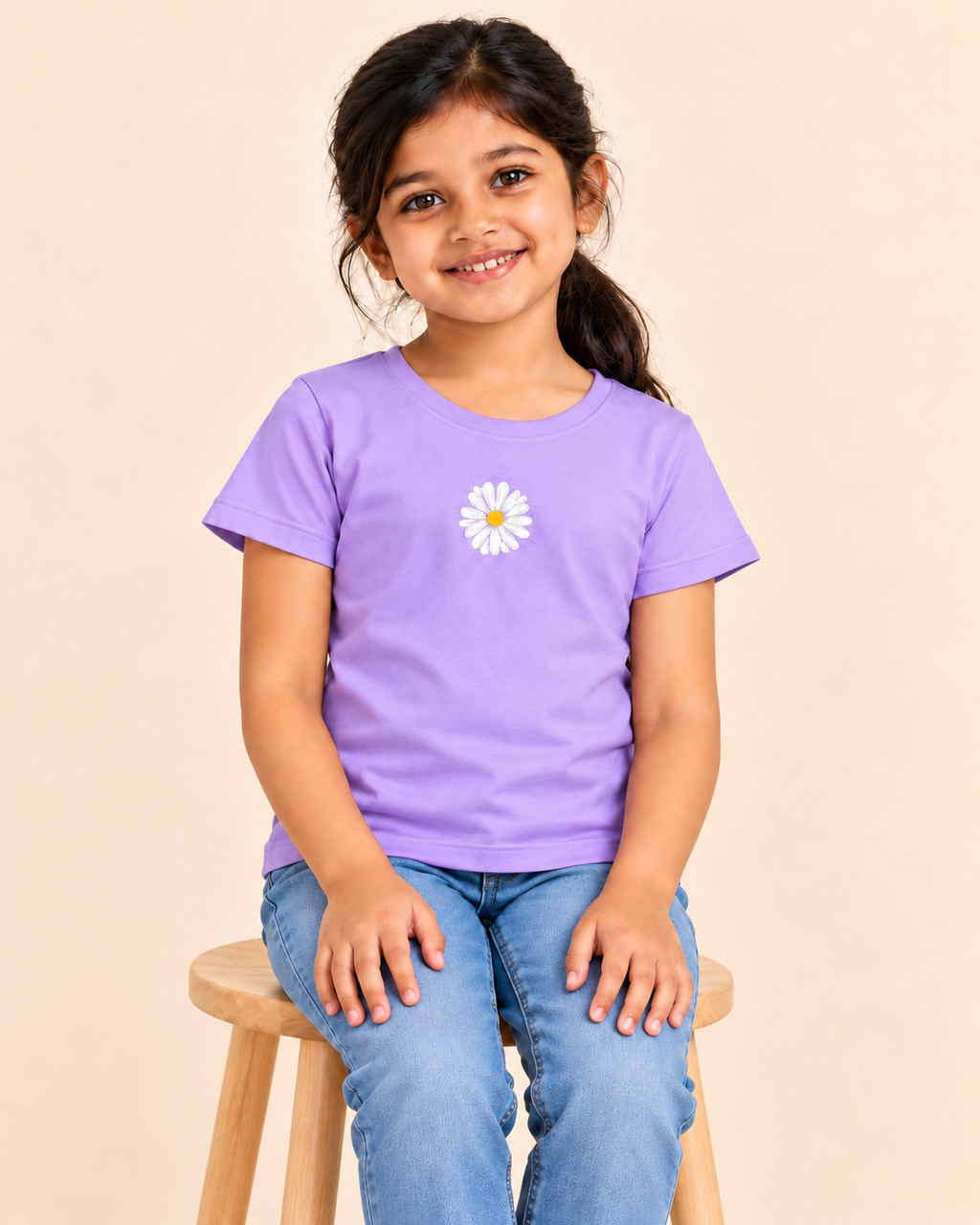 Girls' Lavender Mini Daisy Printed Short Sleeve T-Shirt — seated view