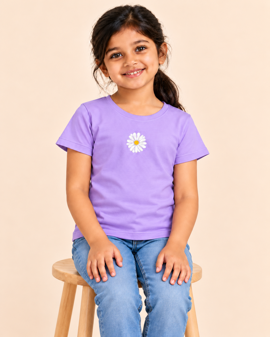 Girls' Lavender Mini Daisy Printed Short Sleeve T-Shirt — seated view
