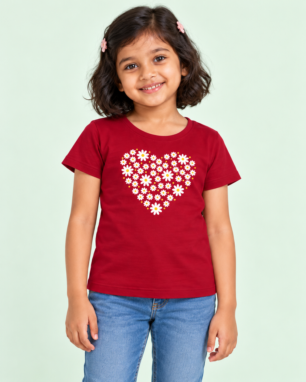 Girls' Maroon Daisy Heart Printed Short Sleeve T-Shirt — front view