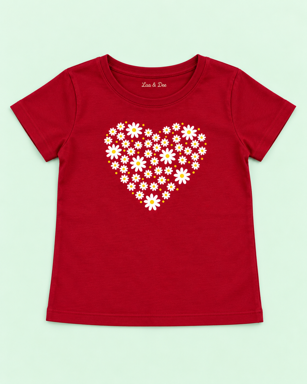 Girls' Maroon Daisy Heart Printed Short Sleeve T-Shirt — flat-lay view