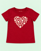 Girls' Maroon Daisy Heart Printed Short Sleeve T-Shirt — flat-lay view
