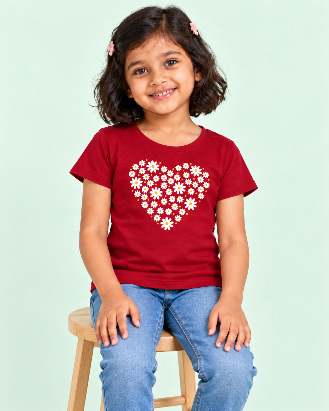 Girls' Maroon Daisy Heart Printed Short Sleeve T-Shirt — seated view