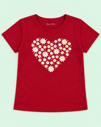 Girls' Maroon Daisy Heart Printed Short Sleeve T-Shirt — detail view