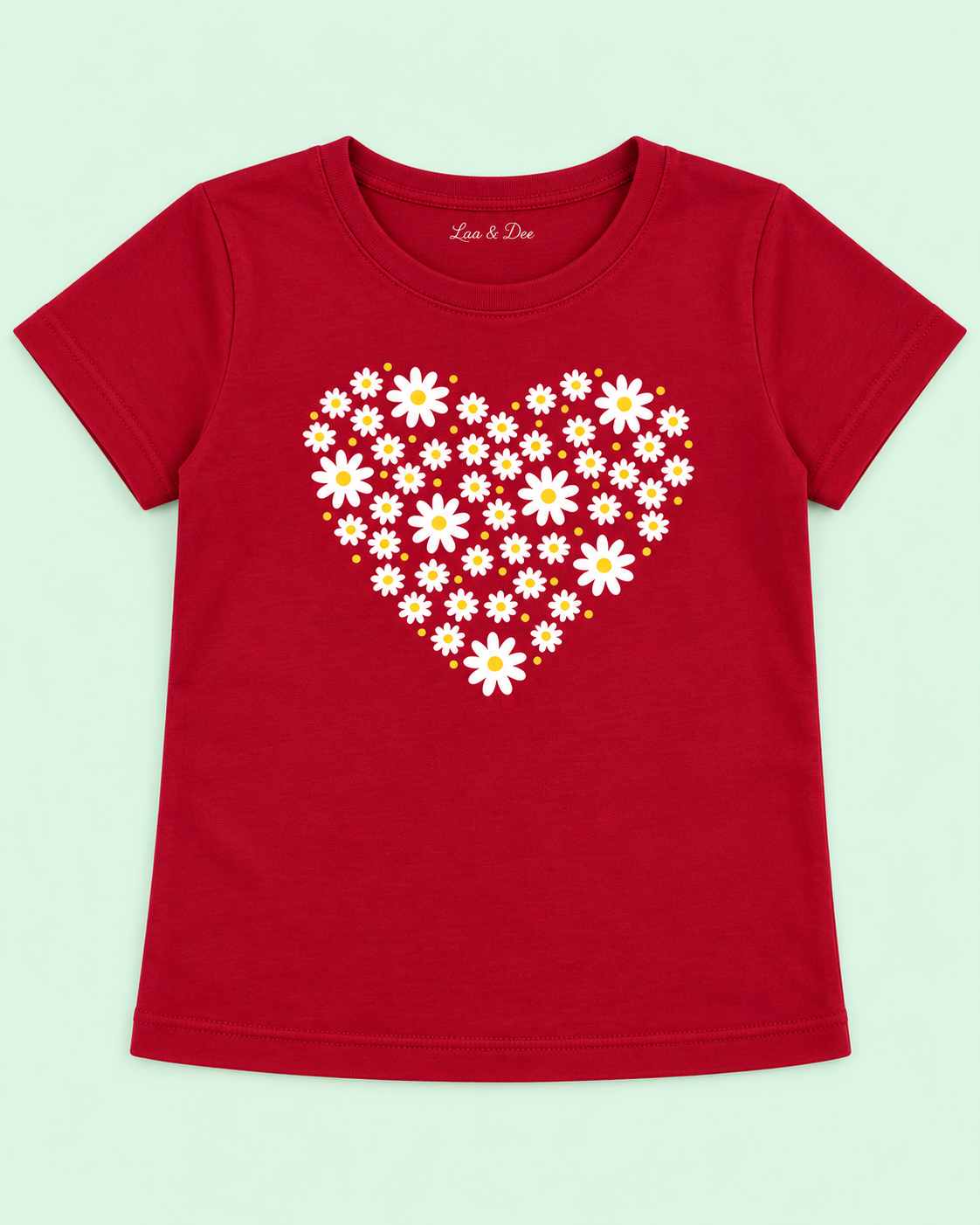 Girls' Maroon Daisy Heart Printed Short Sleeve T-Shirt — detail view