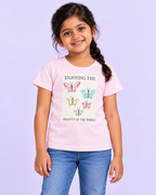 Girls' Pink Beauty of the World Butterflies Printed Short Sleeve T-Shirt — front view